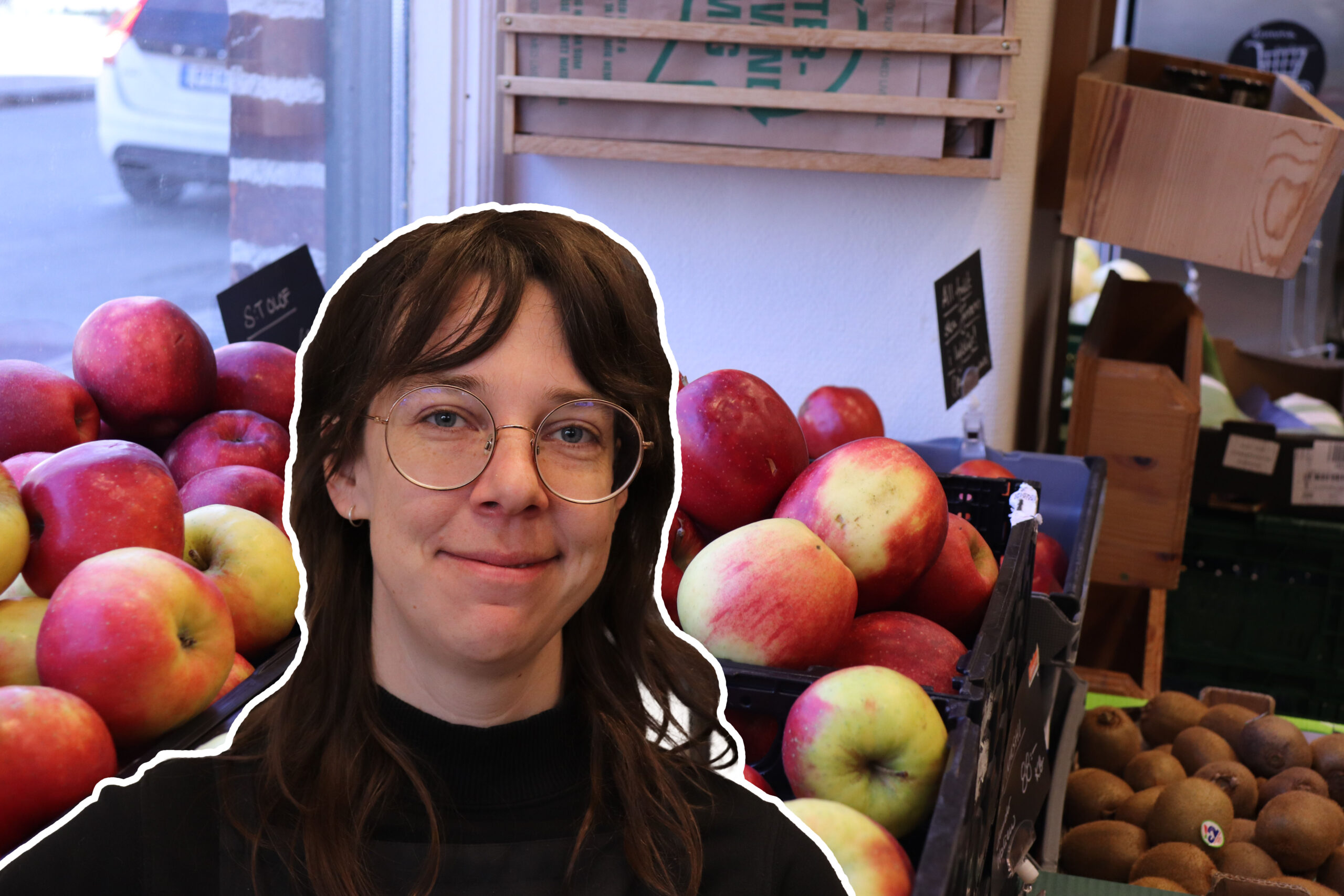 Montage av louise framför äpplen
