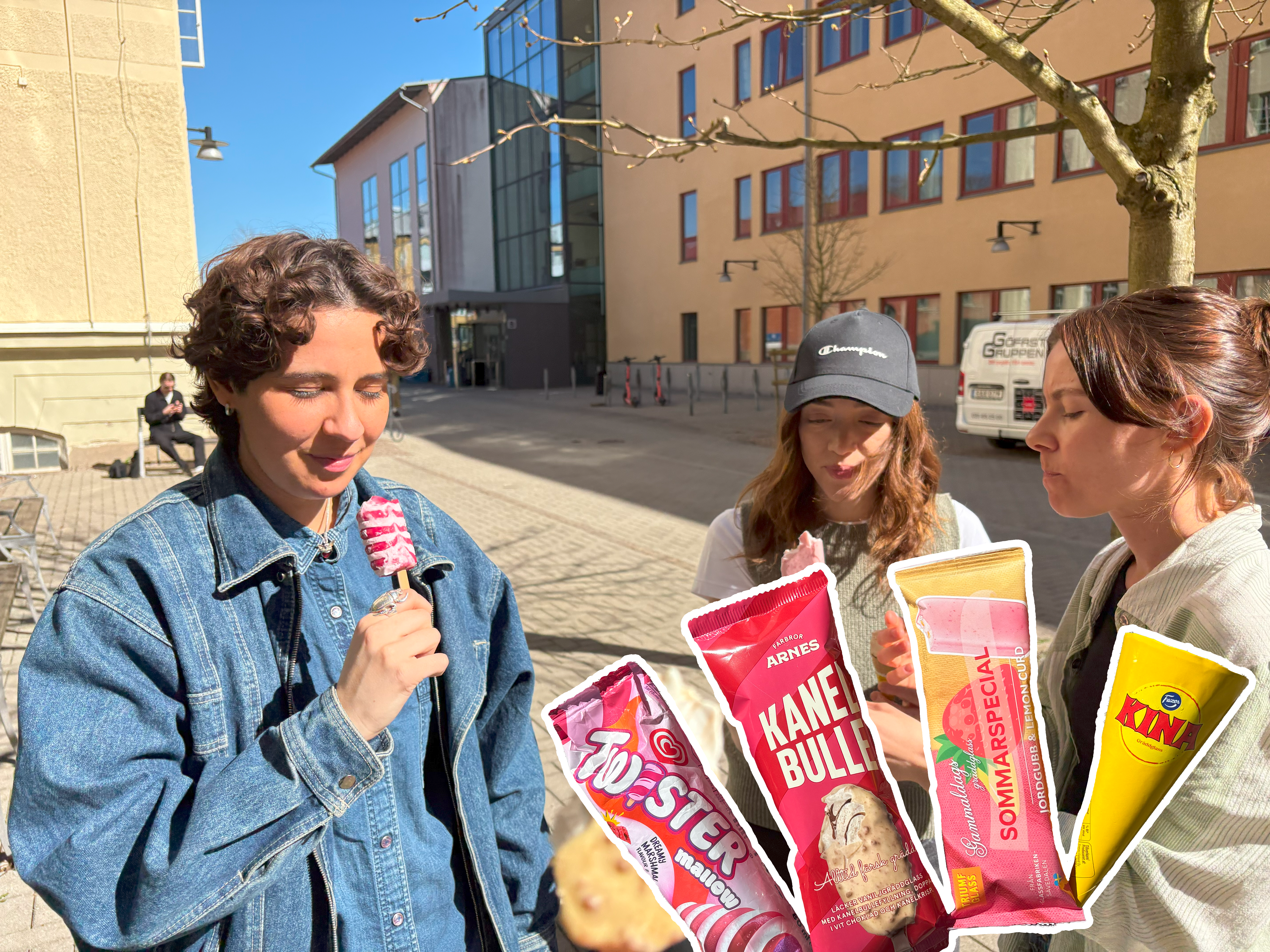 tre medlemmar från redaktionen äter glass. I förgrunden ser man de fyra glassarna som ska testas.